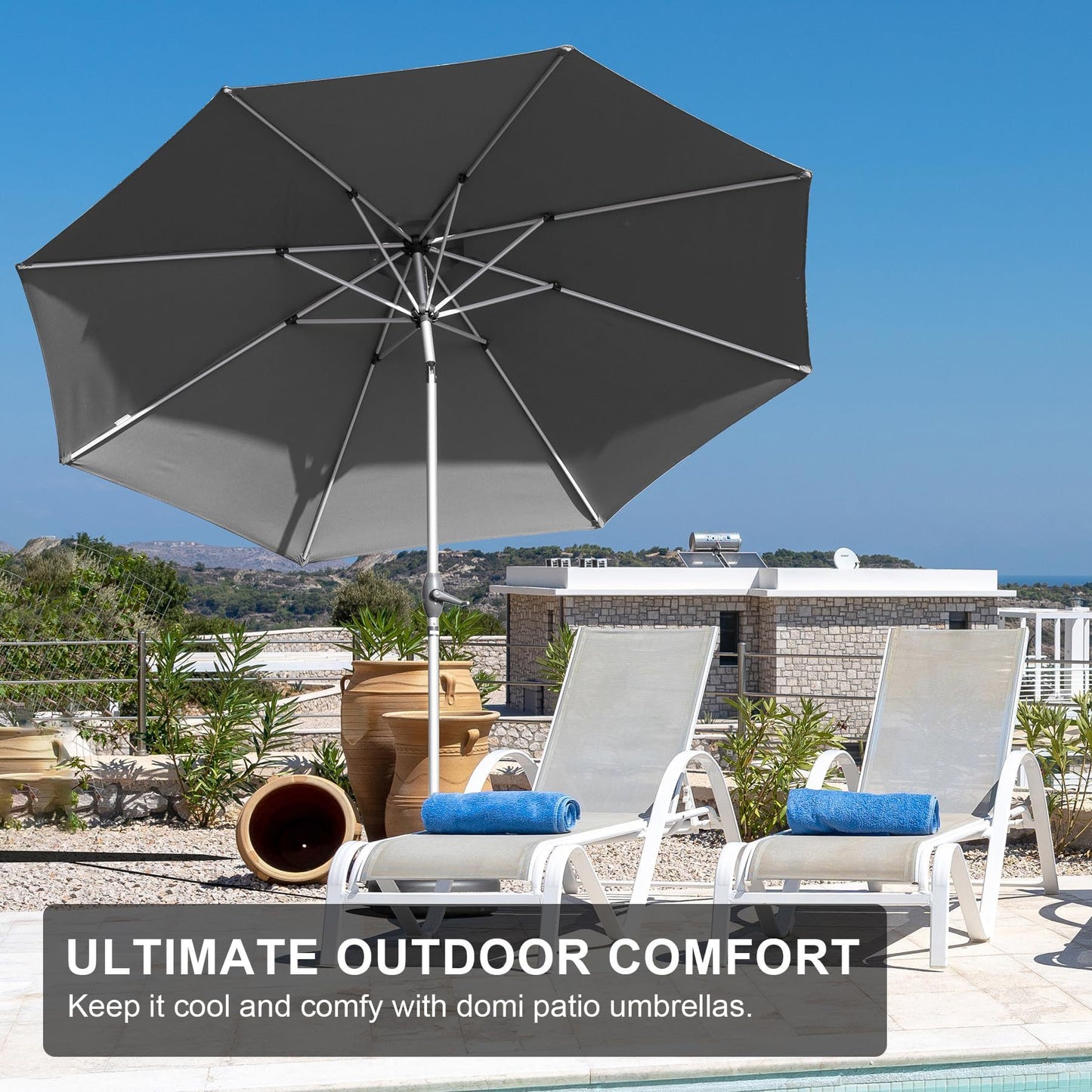 [SantaChoice] 9FT Patio Umbrella, Outdoor Table Umbrella with Push Button Tilt and Crank, UV Protection Waterproof Market Sun Umbrella with 8 Sturdy Ribs for Garden, Deck, Backyard, Pool (Gray)