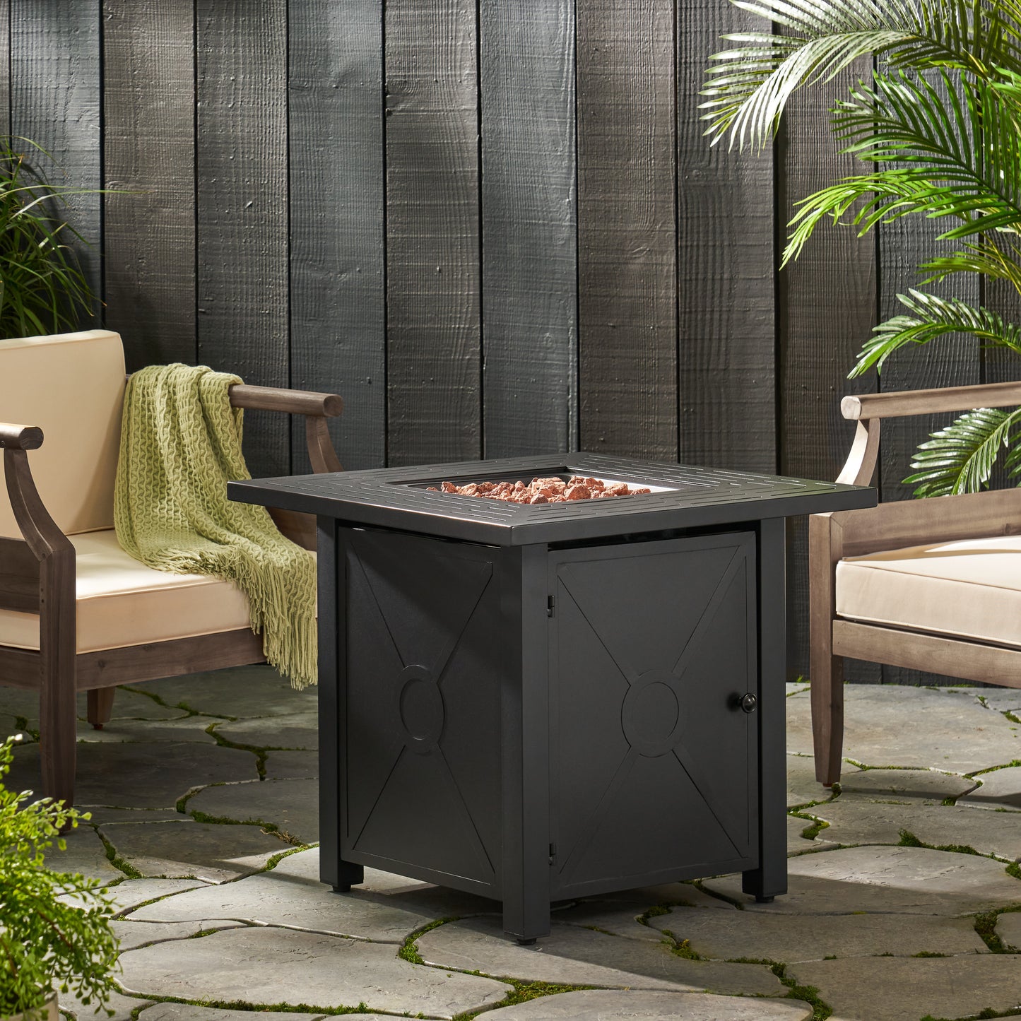 Outdoor Patio Propane Fire Pit 24.5'' H x 28'' W Square Iron Gas-burning Fire Table - 40,000 BTU, Tank in side, Black