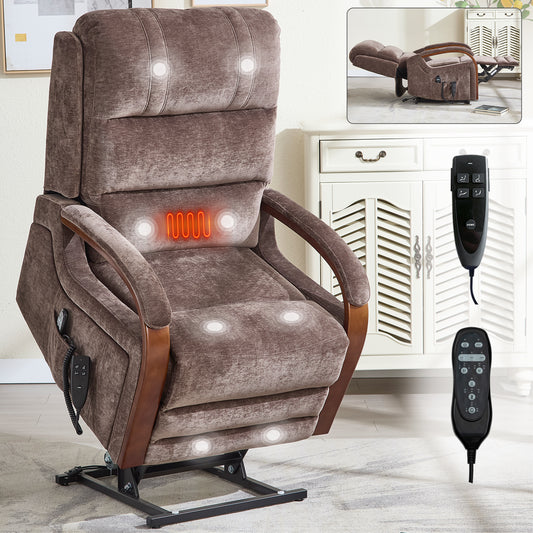 Power Brown Chenille Lift Recliner Chair Dual Motor Infinite Position Up to 350 LBS with Solid Wood Armrests, Heat Massage and Heavy Duty Motion Mechanism