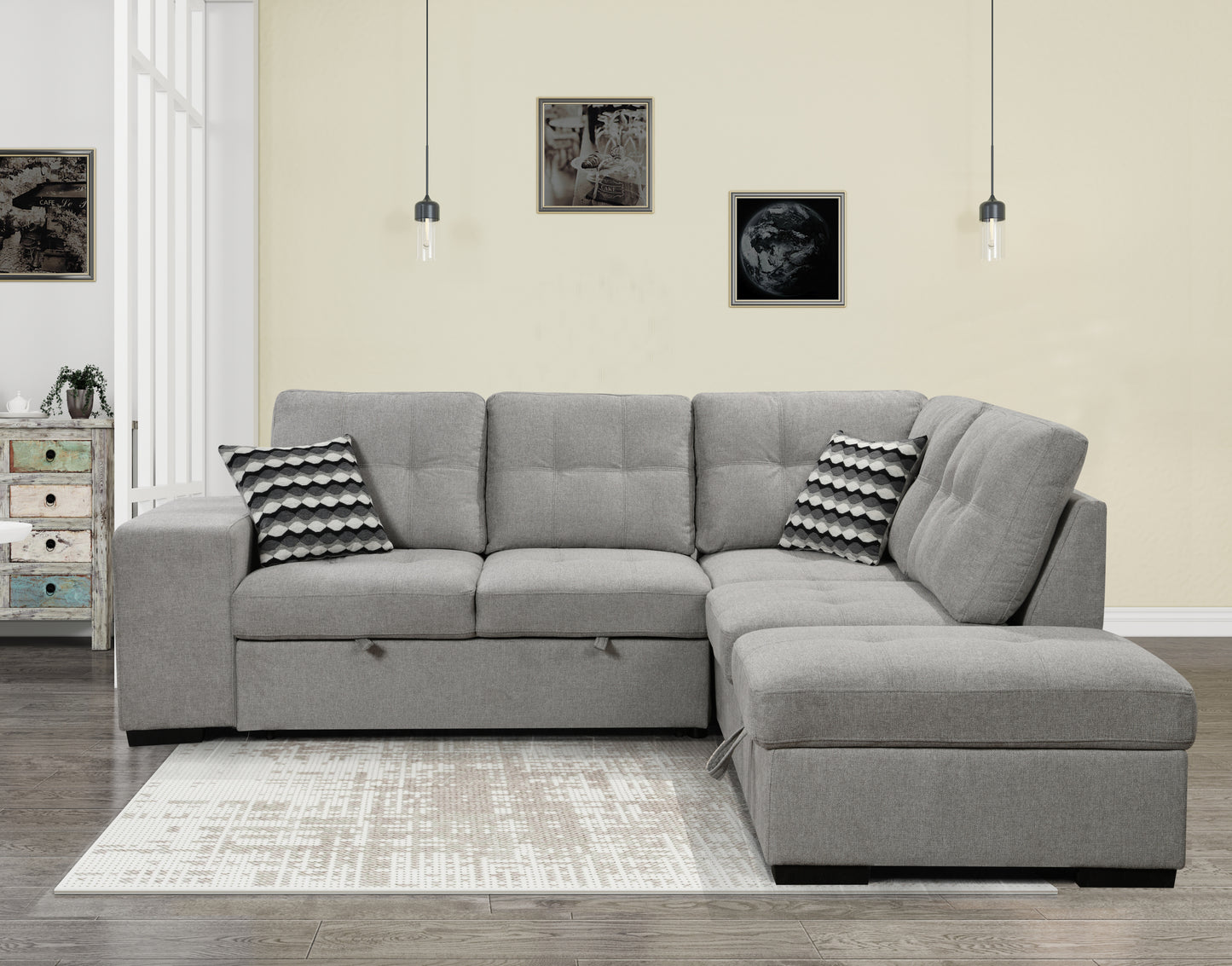 Sectional Pull Out Sofa Bed 101" Reversible L-Shaped Corner Sleeper Upholstered Couch with Storage Ottoman, 2 Pillows,USB Ports,2 Stools for Living Room Furniture Sets,Apartments, Light Gray