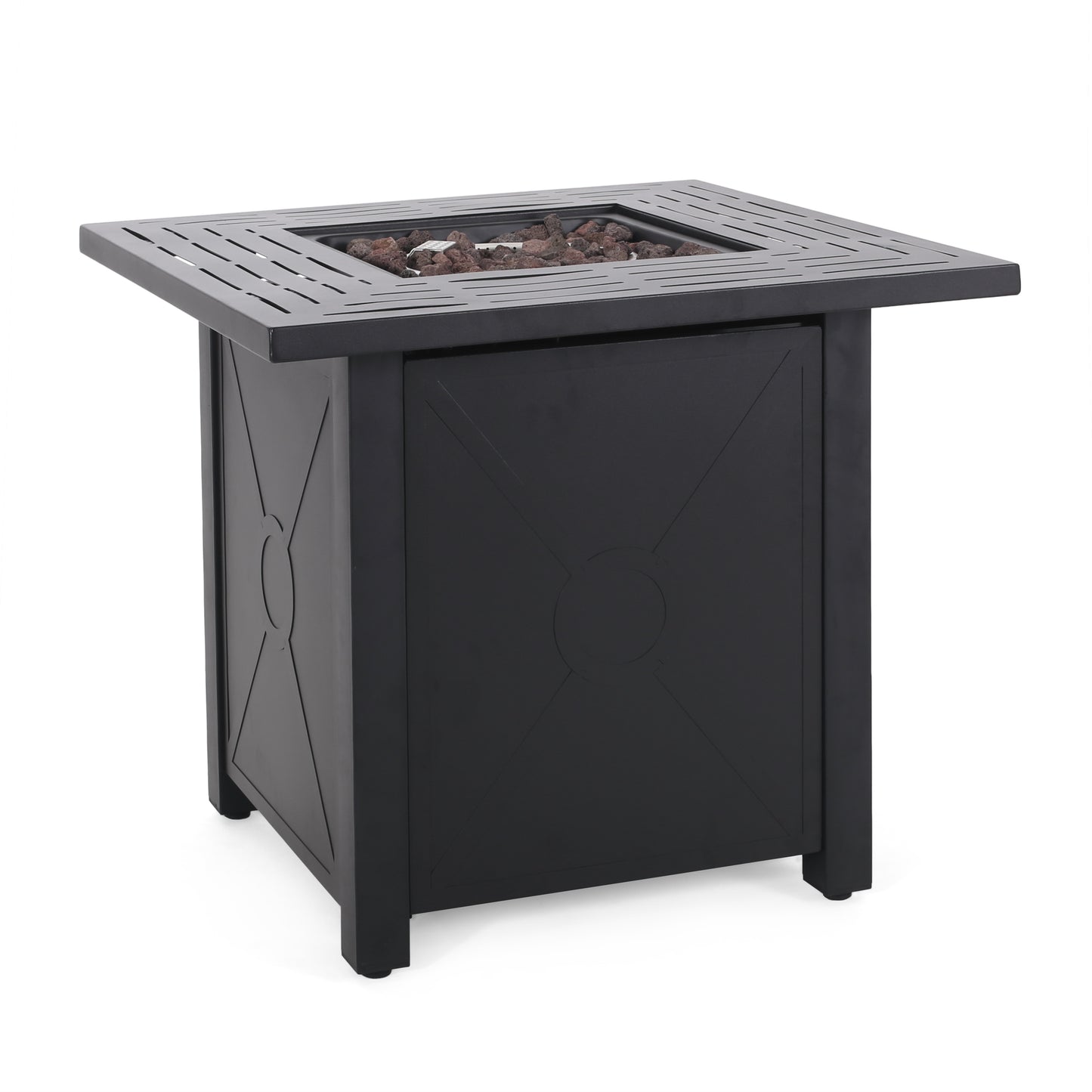 Outdoor Patio Propane Fire Pit 24.5'' H x 28'' W Square Iron Gas-burning Fire Table - 40,000 BTU, Tank in side, Black