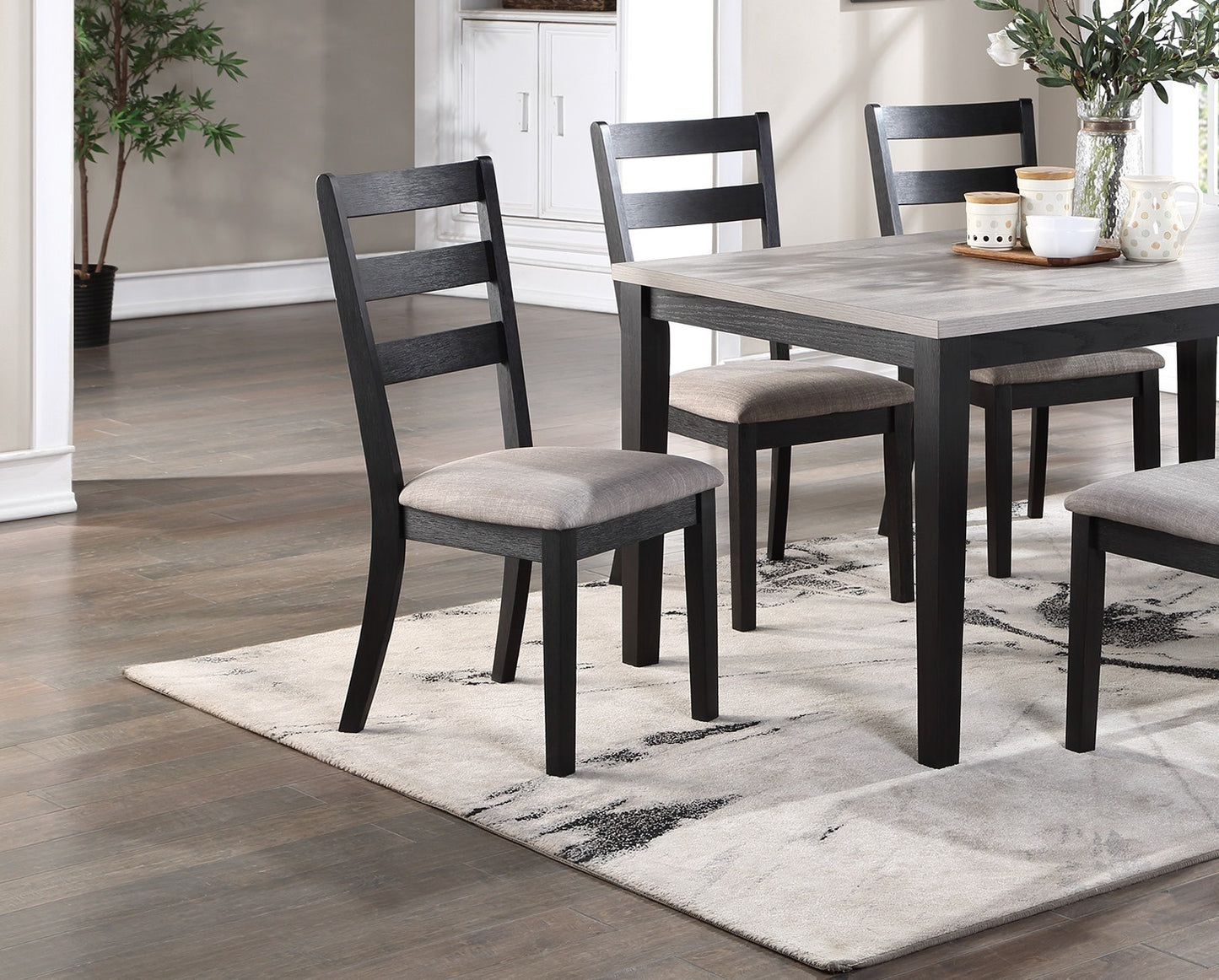 Rustic Charcoal Wooden Table 7pc Dining Set Dining Room Furniture Ladder back Side Chairs Cushion Seat light 2-Tone Sand Fabric.