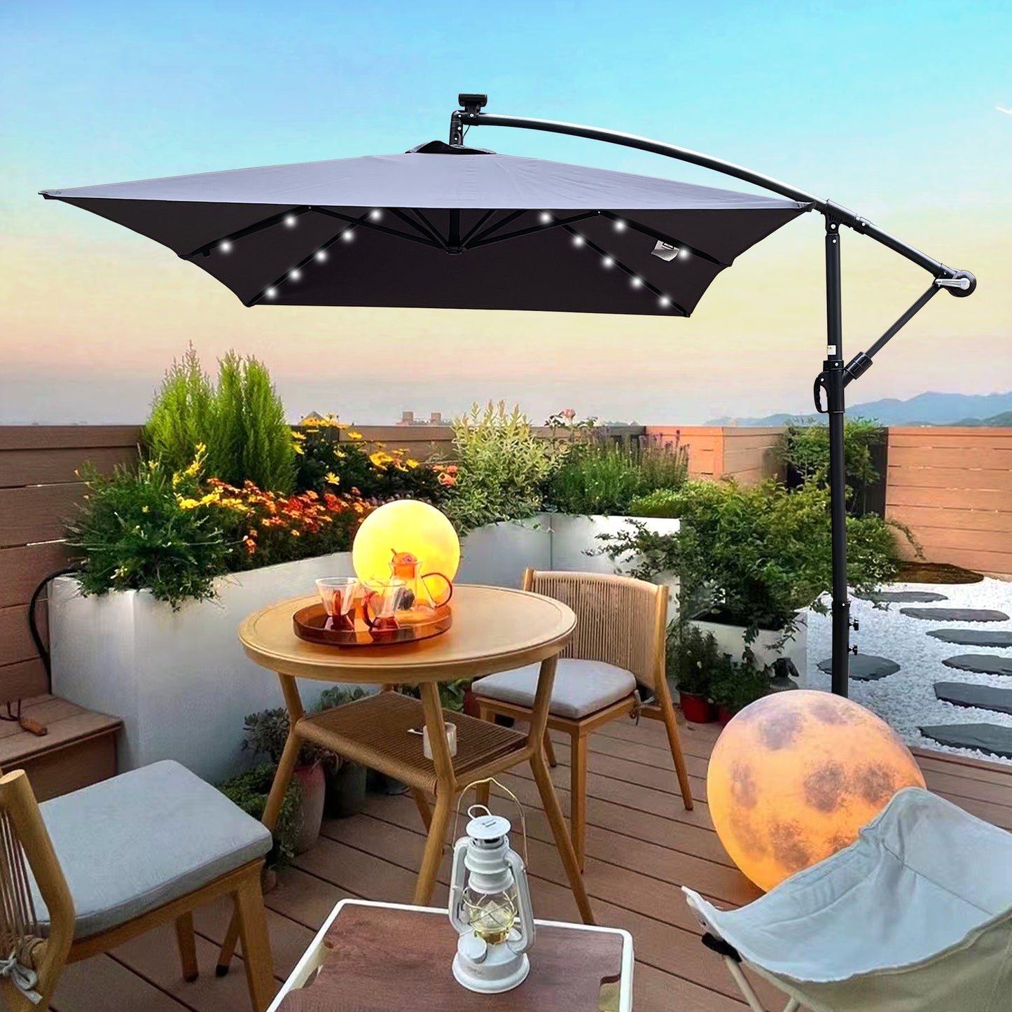 Rectangle 2x3M Outdoor Patio Umbrella Solar Powered LED Lighted Sun Shade Market Waterproof 6 Ribs Umbrella with Crank and Cross Base for Garden Deck Backyard Pool Shade Outside Deck Swimming Pool