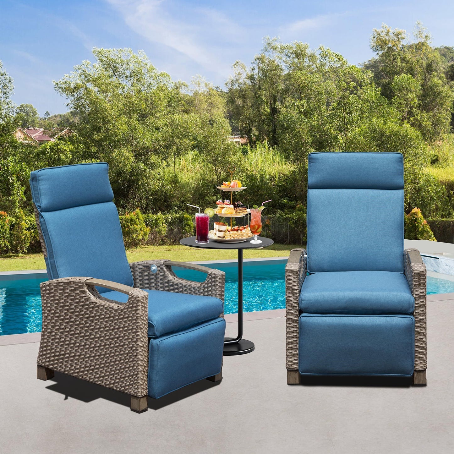 Outdoor Recliner Chair, Patio Recliner with Hand-Woven Wicker, Flip Table Push Back, Adjustable Angle, 6.8'' Thickness Cushions, Reclining Lounge Chair for Indoor and Outdoor, Navy Blue