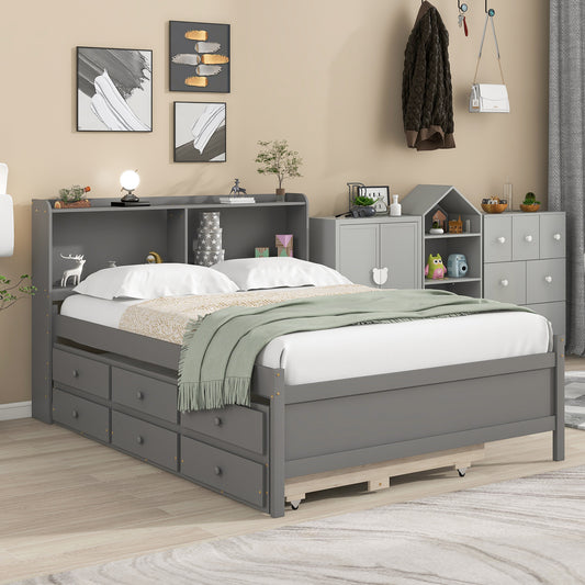 Full Bed with Bookcase,Twin Trundle,Drawers,Grey