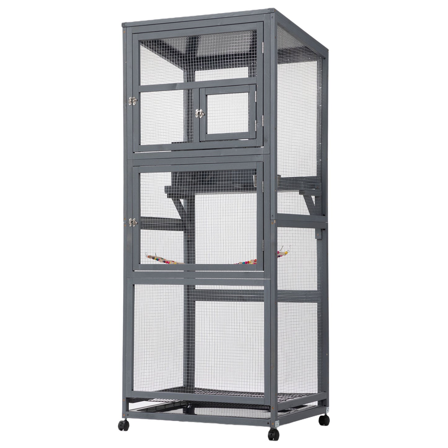 Wood Bird Cage with Universal Wheels-Gray