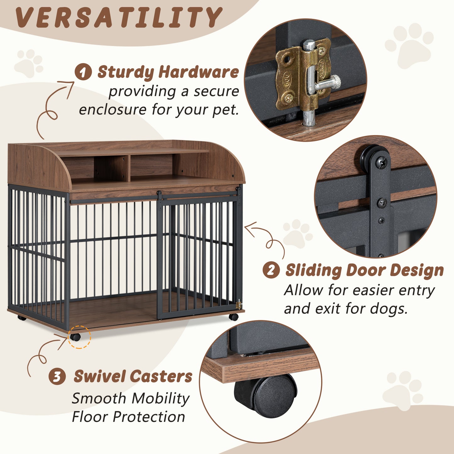 GO 44'' Heavy Duty Large Dog Crate Furniture for Large Medium Dog with Lockable Wheels, Wooden Dog Crate Dog Kennel, End Table Crate with Double layer storage, Brown