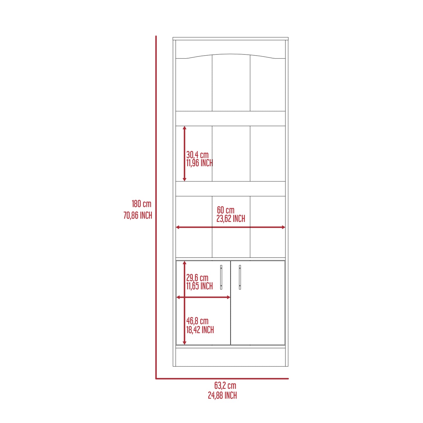 Simma Bookcase, Metal Hardware, Three Shelves, Double Door Cabinet -Light Gray