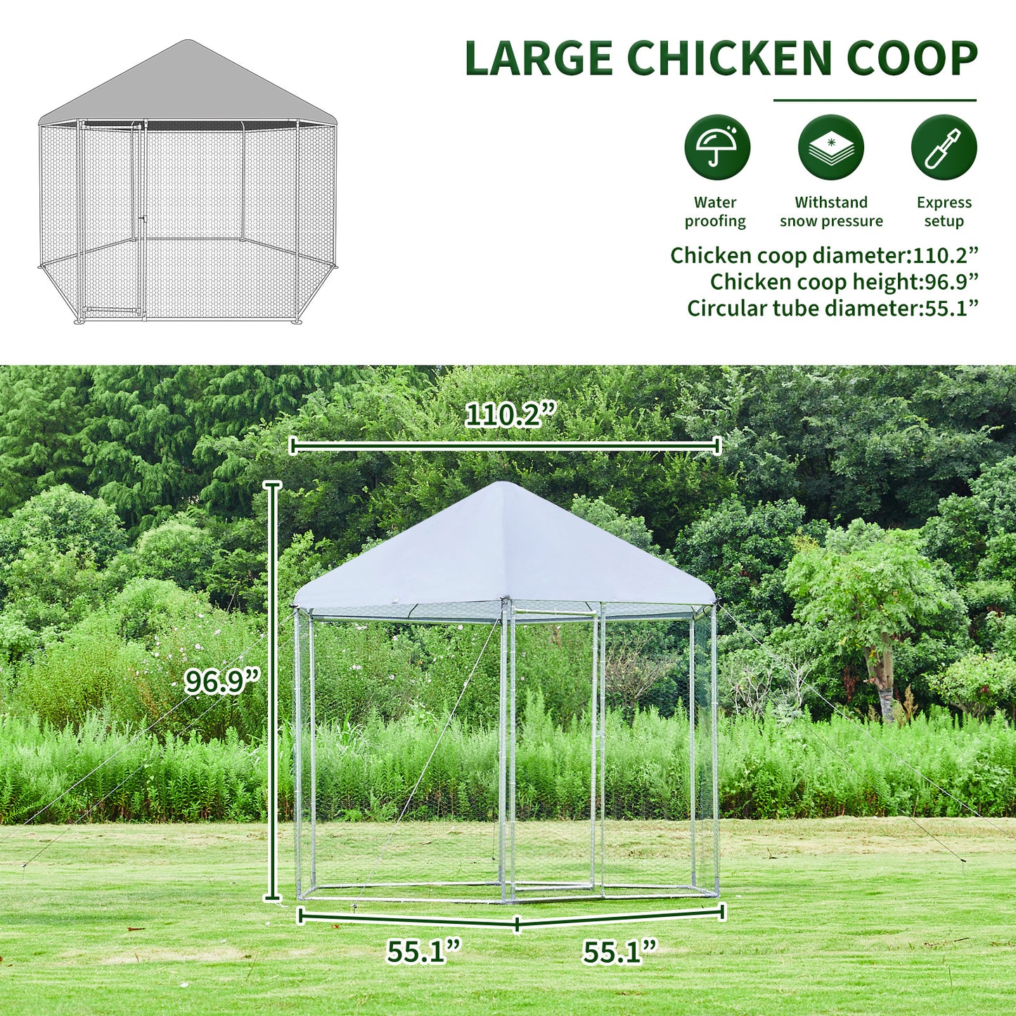 Large metal chicken coop hexagonal, steel wire dipped plastic mesh, oxford cloth silver plated waterproof and UV resistant, ducks, rabbits, sheep and birds outdoor house.(9.2*8.1ft)