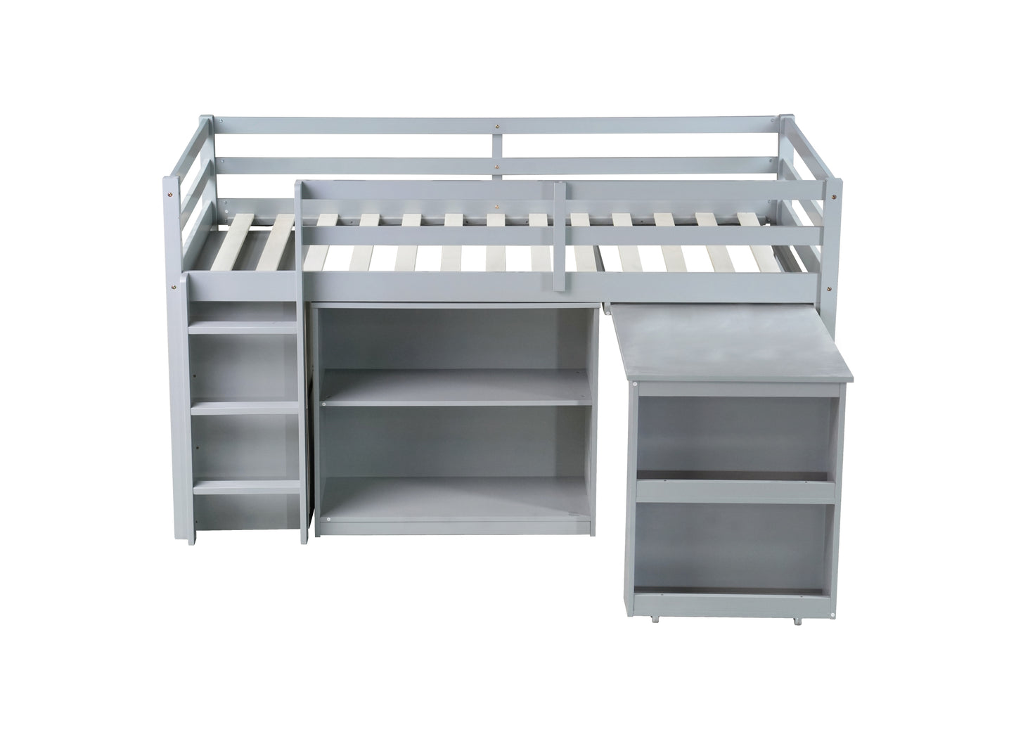 Twin Loft Bed with ,Drawer Cabinet, Shelf Cabinet and Pulling -Out Desk,Rubber Wood Loft Bed with Safety Guardrail ,Ladder,Grey