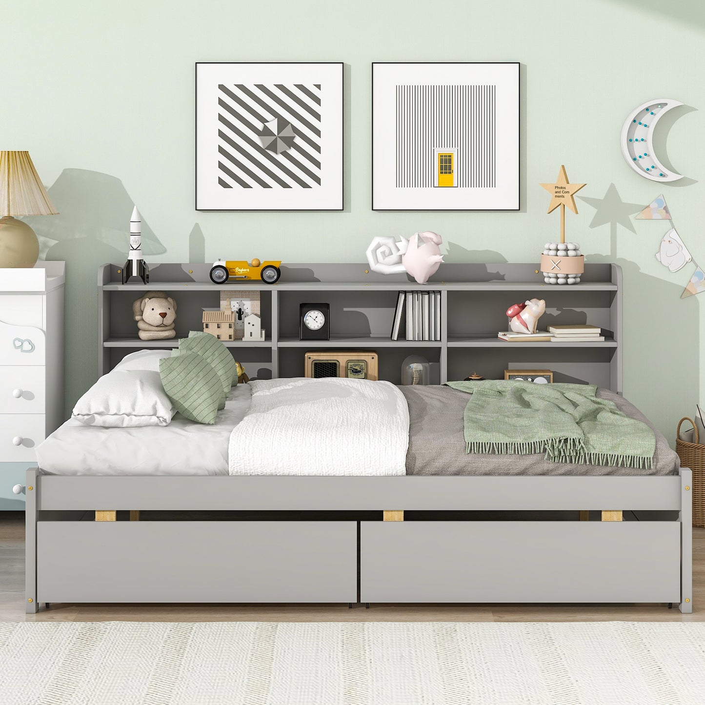 Full Bed with Side Bookcase, Drawers,Grey