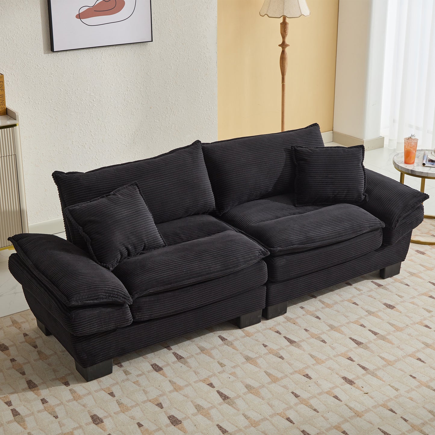 Corduroy Sofa Sleeper Couch Loveseat Sofa with Pillows Comfy Upholstered Deep Seat Sofa for Bedroom,Living Room,Apartment,Office,Dorm-Black Corduroy