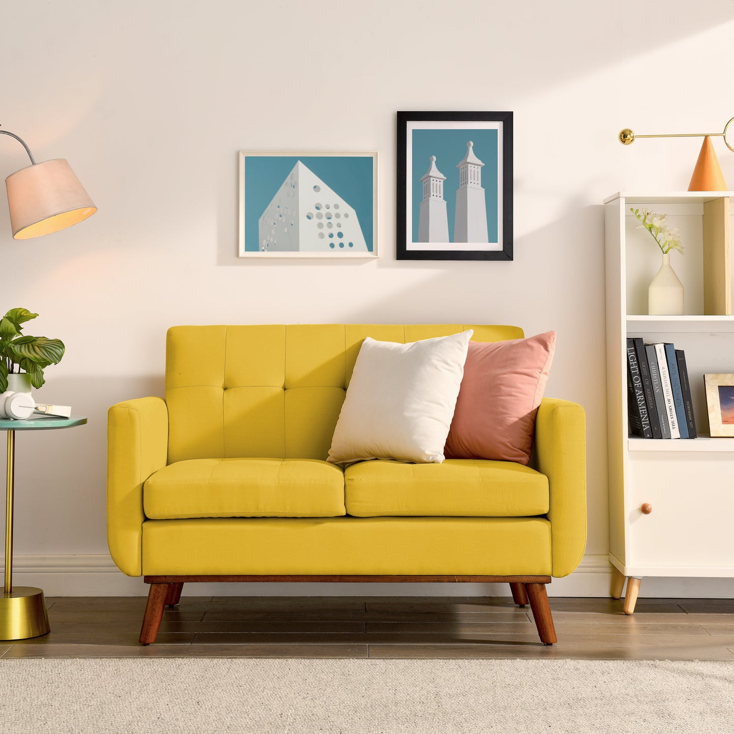 [SantaChoice] Loveseat Sofa, Mid Century Modern Decor Love Seat Couches for Living Room, Button Tufted Upholstered Small Couch for Bedroom, Solid and Easy to Install Love Seats Furniture, Yellow