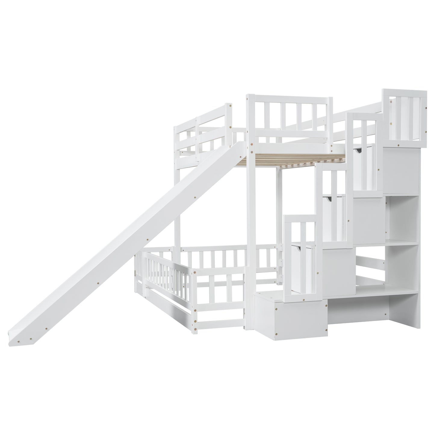 Twin Over Full Bunk Bed with Slide, Storage Staircase, Pine Solid Wooden Bunk Bed with Safety Guardrails,White