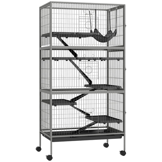 PawHut 63" 6-Tier Small Animal Cage, Ferret Cage, Large Chinchilla Cage with Hammock Accessory & Heavy-Duty Steel Wire, Small Animal Habitat with 6 Doors, Removable Tray, Gray