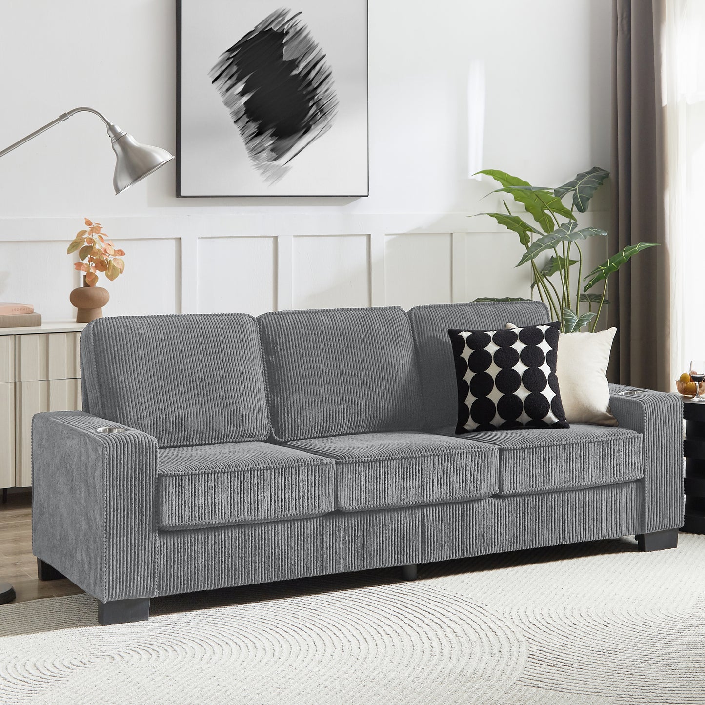 83.86" Corduroy Fabric sofa,Modern Compressed Couch,3-Seater Sofa, Furniture for Living Room,Bedroom,office ,Gray