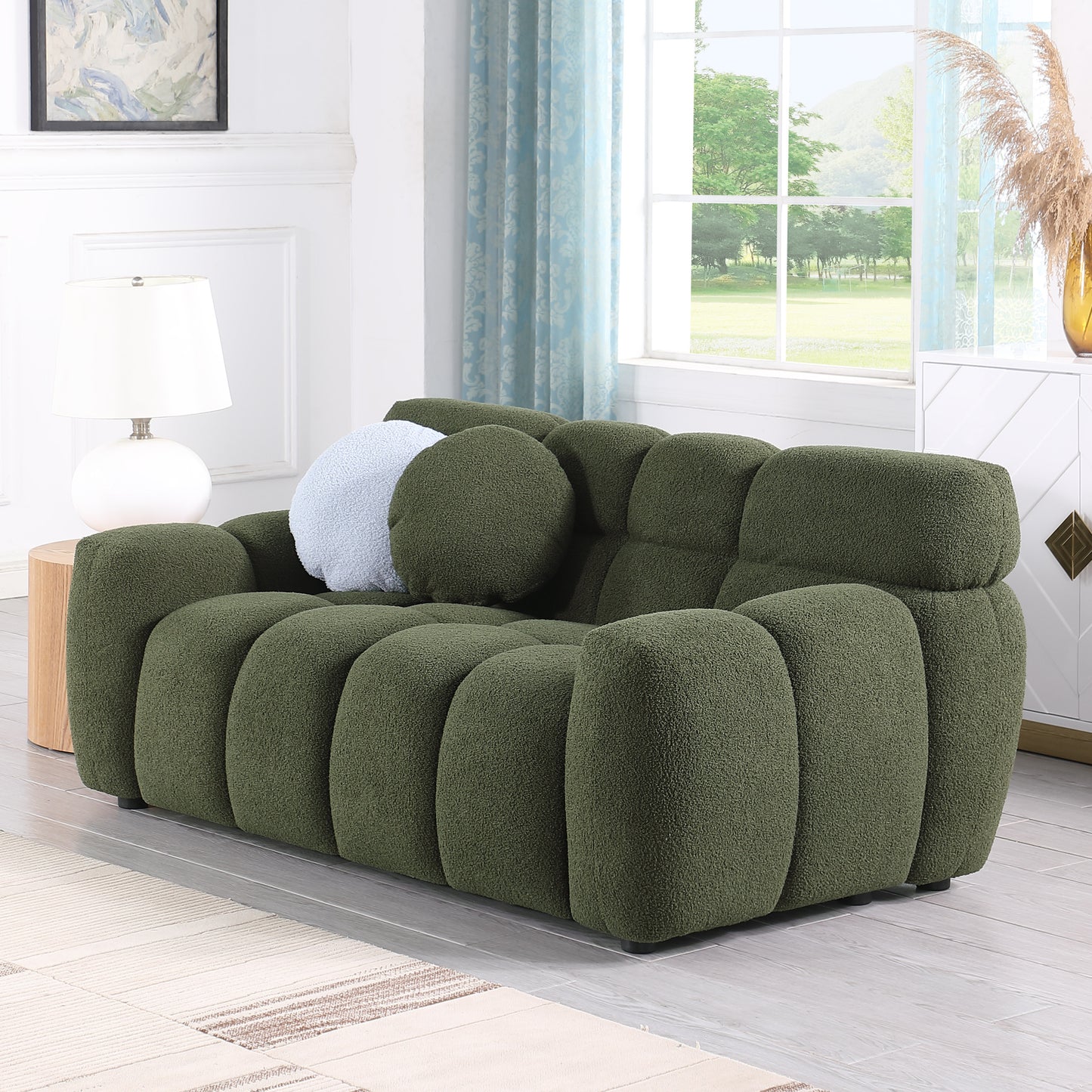 64.96 length ,35.83" deepth ,human body structure for USA people,  marshmallow sofa,boucle sofa ,2  seater, olive green  BOUCLE