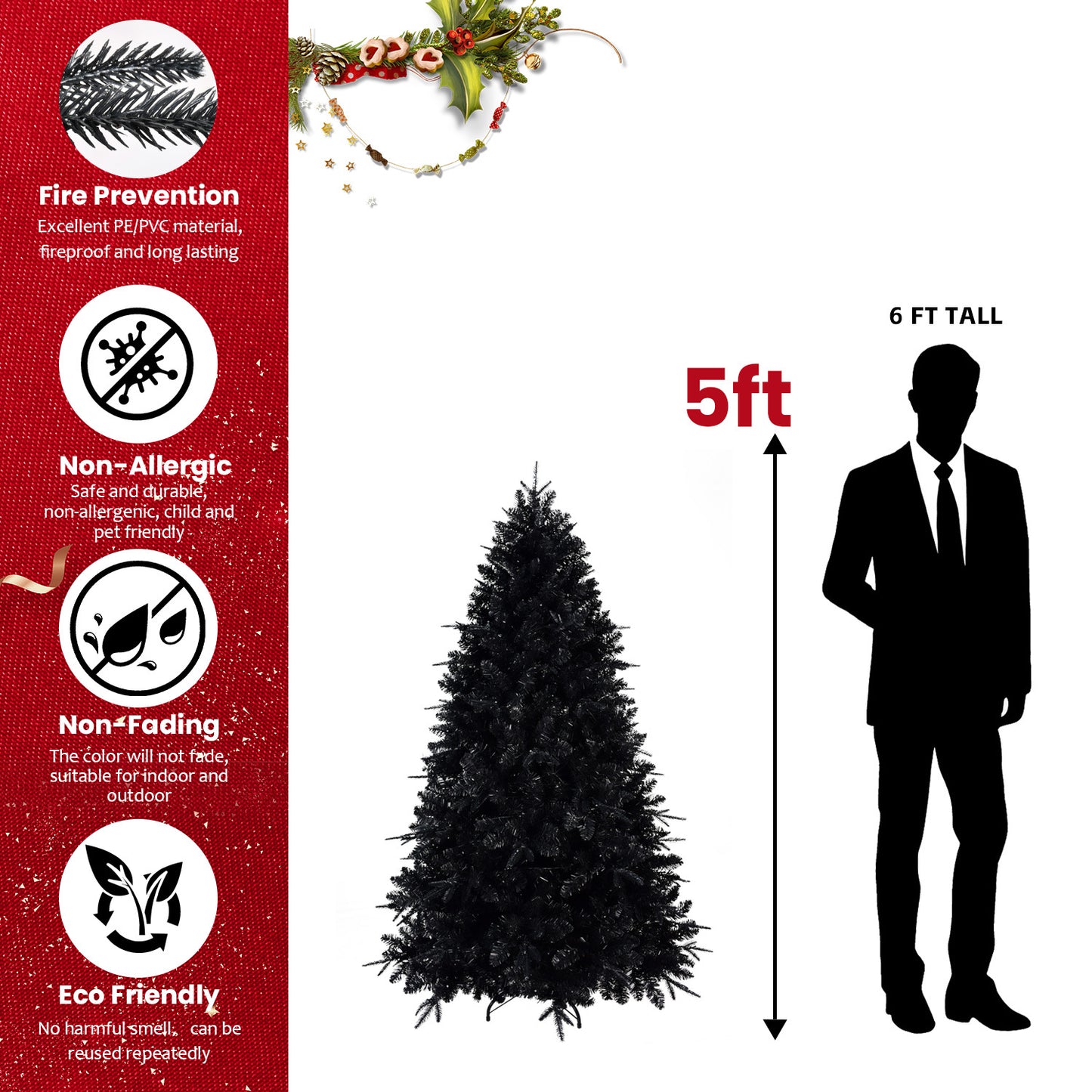 7.5ft Pre-Lit Black Christmas Tree, Full Halloween Xmas Artificial Tree 2156 Branch Tips, 500 Lights, Metal Hinges, Foldable Base, Holiday Decoration - Black