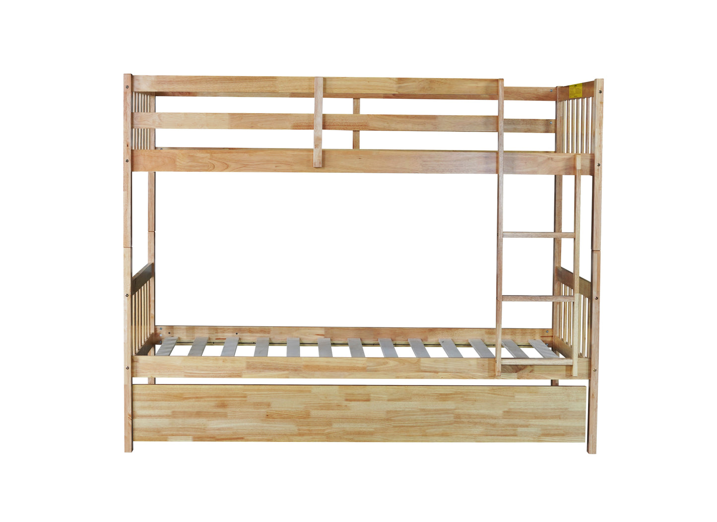 Twin Over Twin Rubber Wood Bunk Bed with Trundle, Convertible into 2 Twin Size Beds, Twin Size Bunk Bed with Ladder and Safety Guardrails,Natural