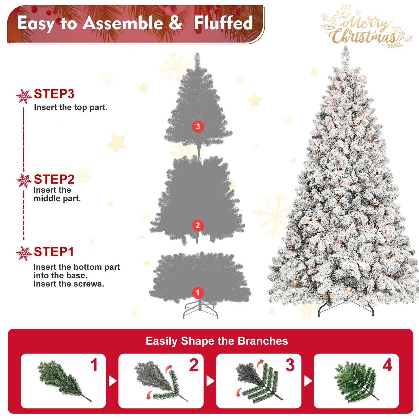 8FT Snow-Flocked Artificial Christmas Tree with Pine Cones, Prelit Xmas Trees, Hinged Easy Assembly & Reinforced Metal Base - Ideal for Indoor & Outdoor Festive Decorations