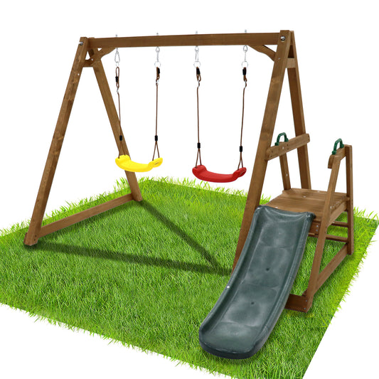 Wood Swing Set for Backyard, 2 in 1 Outdoor Swing Set with Slide, Climbing Rope Ladder Kids Backyard Playset