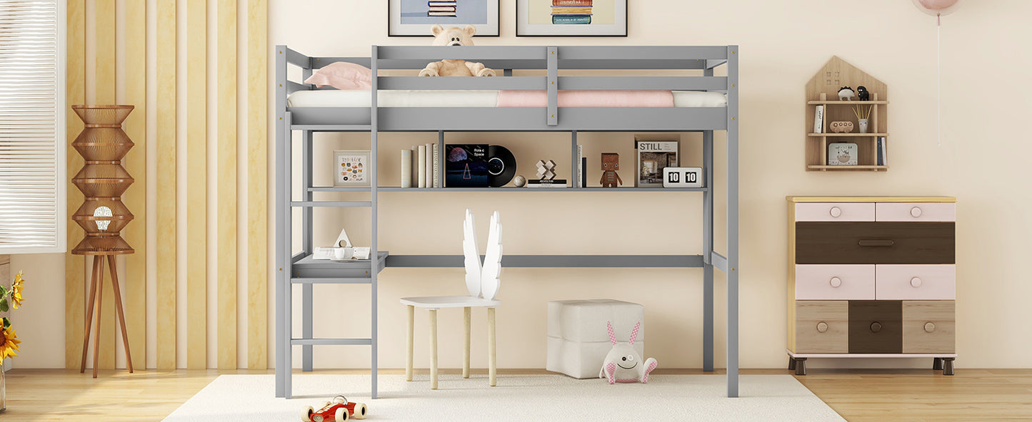 [SantaChoice] Twin Size Loft Bed with desk and shelves, Safety Guardrail and ladder,Grey