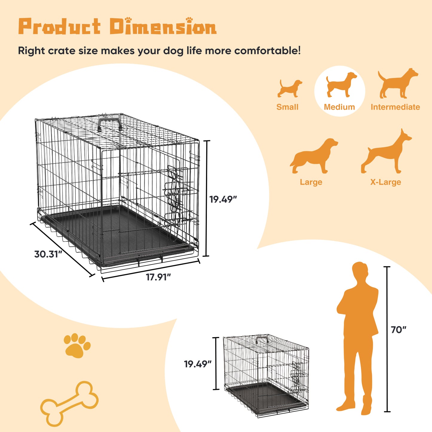 Dog Crate with Divider Panel,30 Inch Double Door Folding Metal Wire Dog Cage with Plastic Leak-Proof Pan Tray, Pet Kennel for Indoor