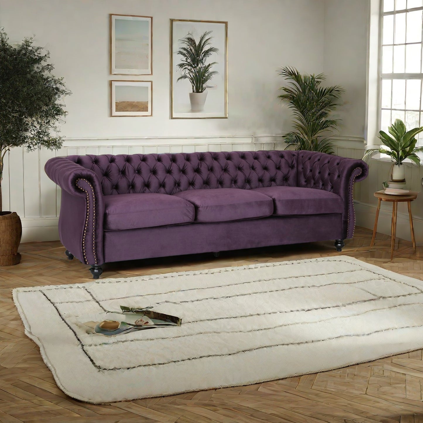 [SantaChoice] Luxurious 3-Seater Purple Velvet Sofa, Featuring a Classic Design with Modern Elegance, Perfect for Adding Sophistication and Style to Any Living Room, Plush Comfort and Durable Craftsmanship