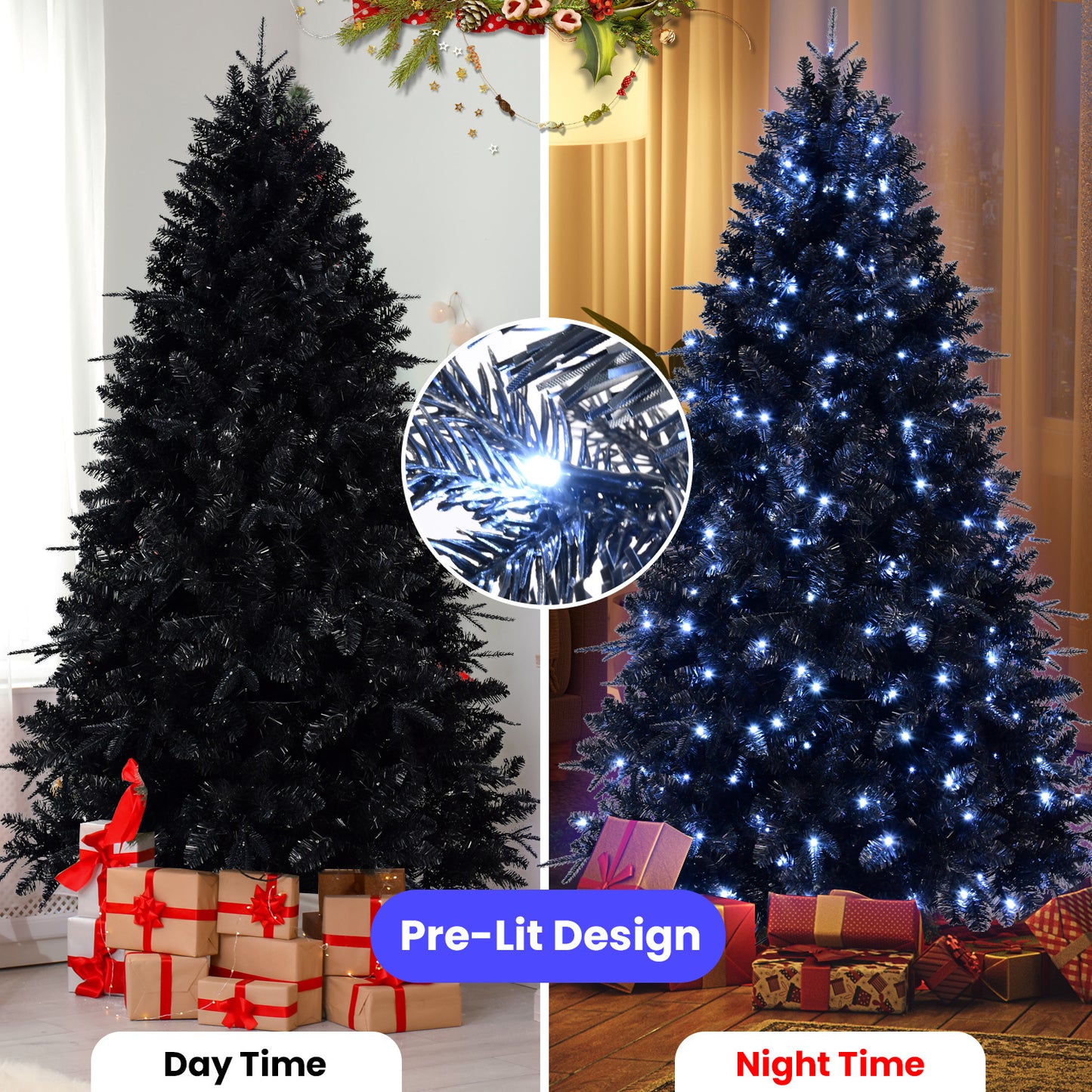 7.5ft Pre-Lit Black Christmas Tree, Full Halloween Xmas Artificial Tree 2156 Branch Tips, 500 Lights, Metal Hinges, Foldable Base, Holiday Decoration - Black