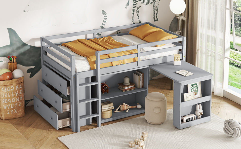 Twin Loft Bed with ,Drawer Cabinet, Shelf Cabinet and Pulling -Out Desk,Rubber Wood Loft Bed with Safety Guardrail ,Ladder,Grey