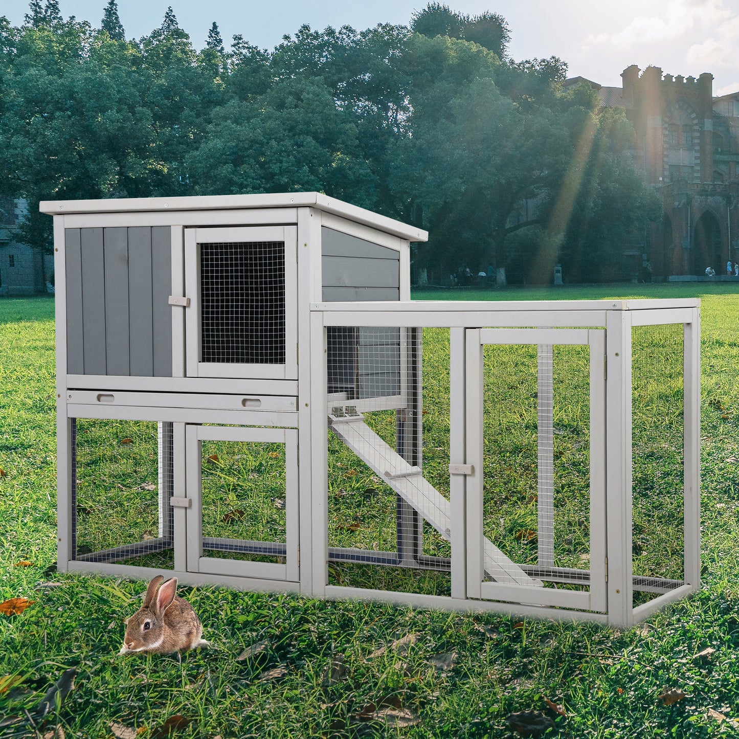 Wooden Rabbit Hutch Chicken Coop with 1 Removable Tray and 3 Lockable Doors for Indoor and Outdoor Use, Gray+White