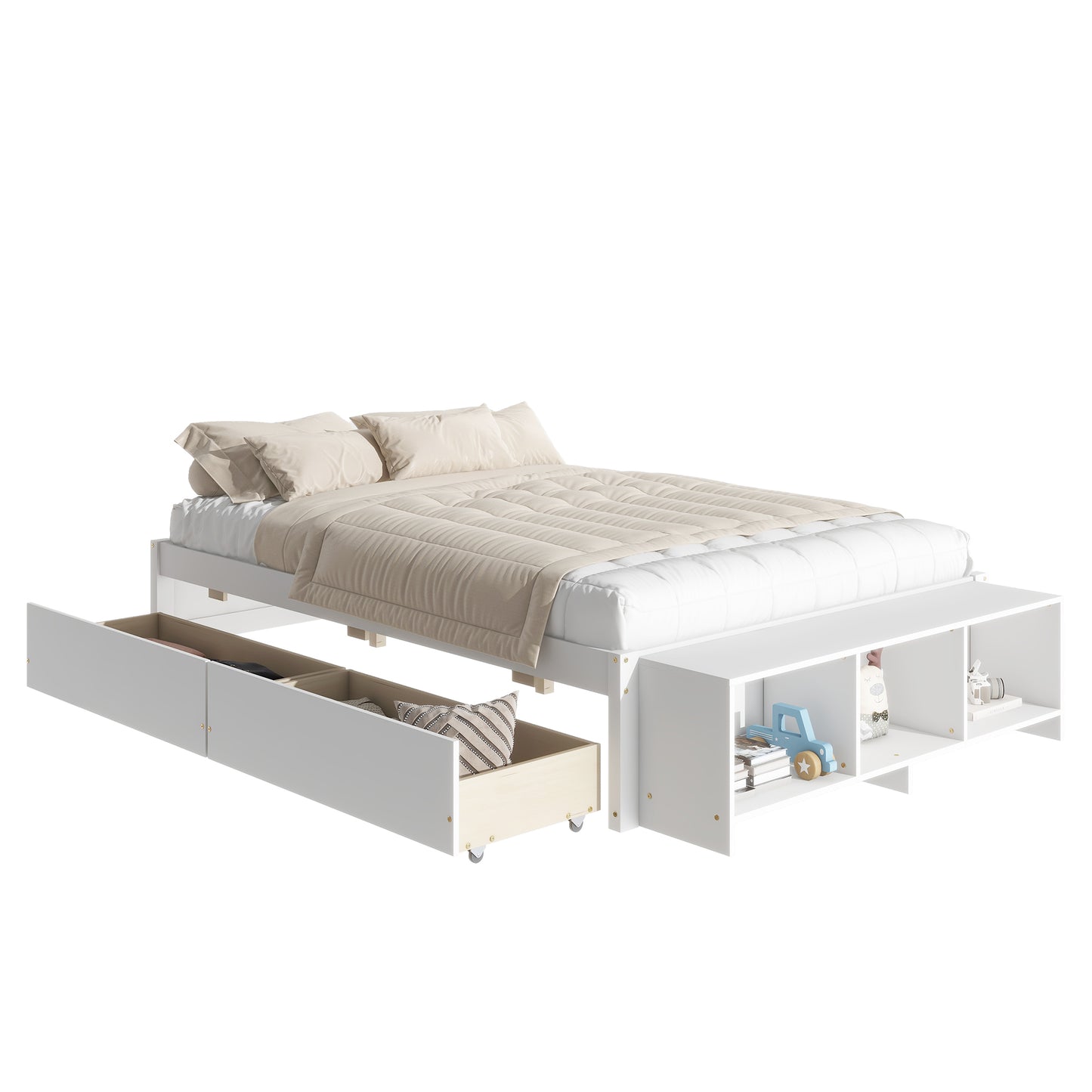 Full Size Bed with Storage Case, 2 Storage drawers, Lengthwise Support Slat,White