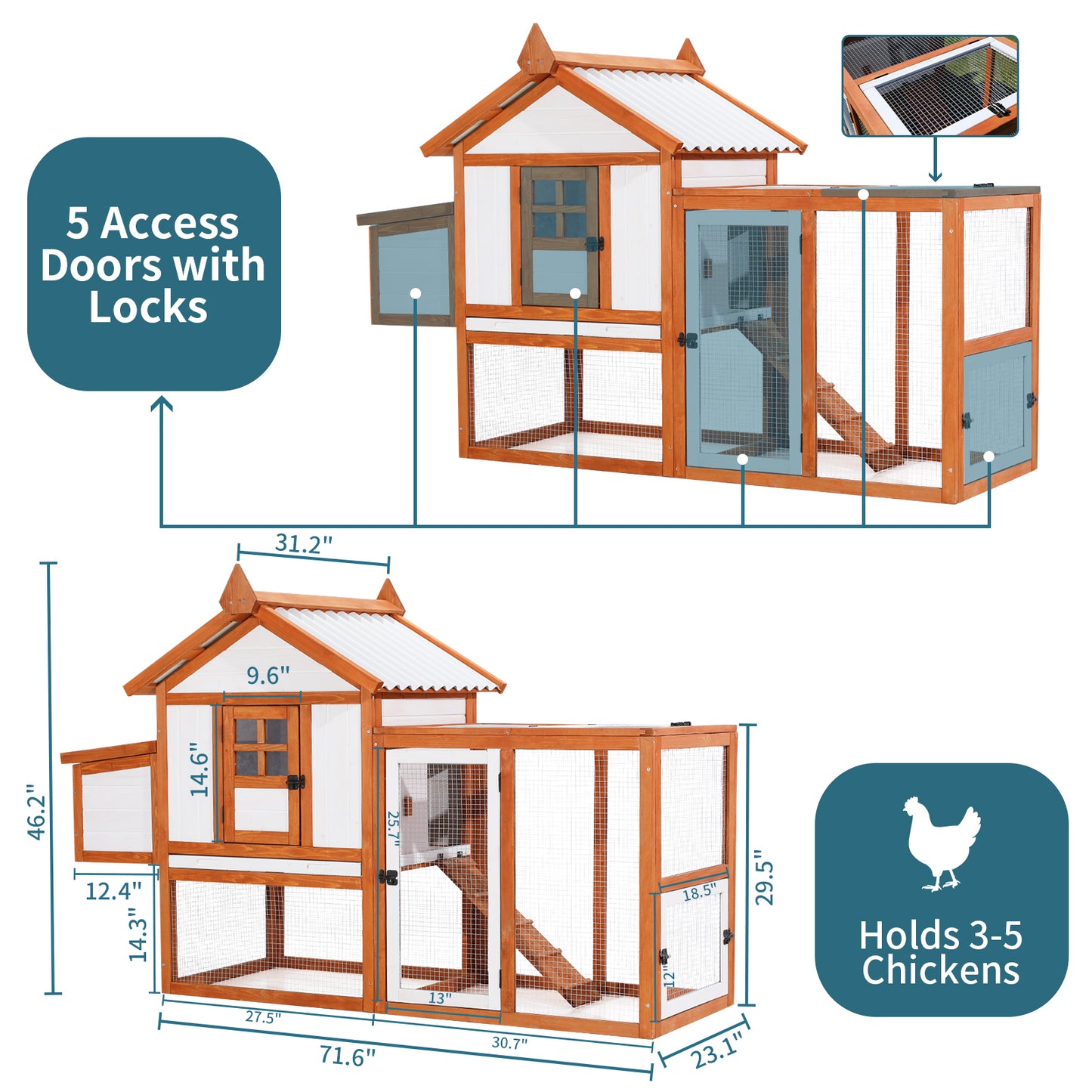 Weatherproof Outdoor Chicken Coop with Nesting Box, Outdoor Hen House with Removable Bottom for Easy Cleaning, Weatherproof Poultry Cage, Rabbit Hutch, Wood Duck House