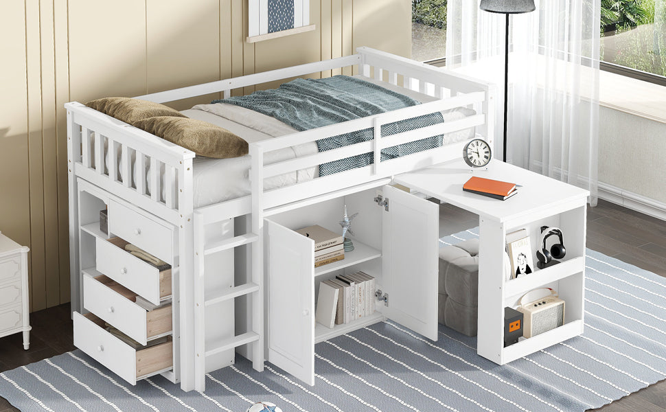 Twin Loft Bed with Storage Cabinet, Drawer and Shelf Cabinet and Pulling-Out Desk, Rubber Wood Loft Bed with Safety Guardrail, Ladder,White