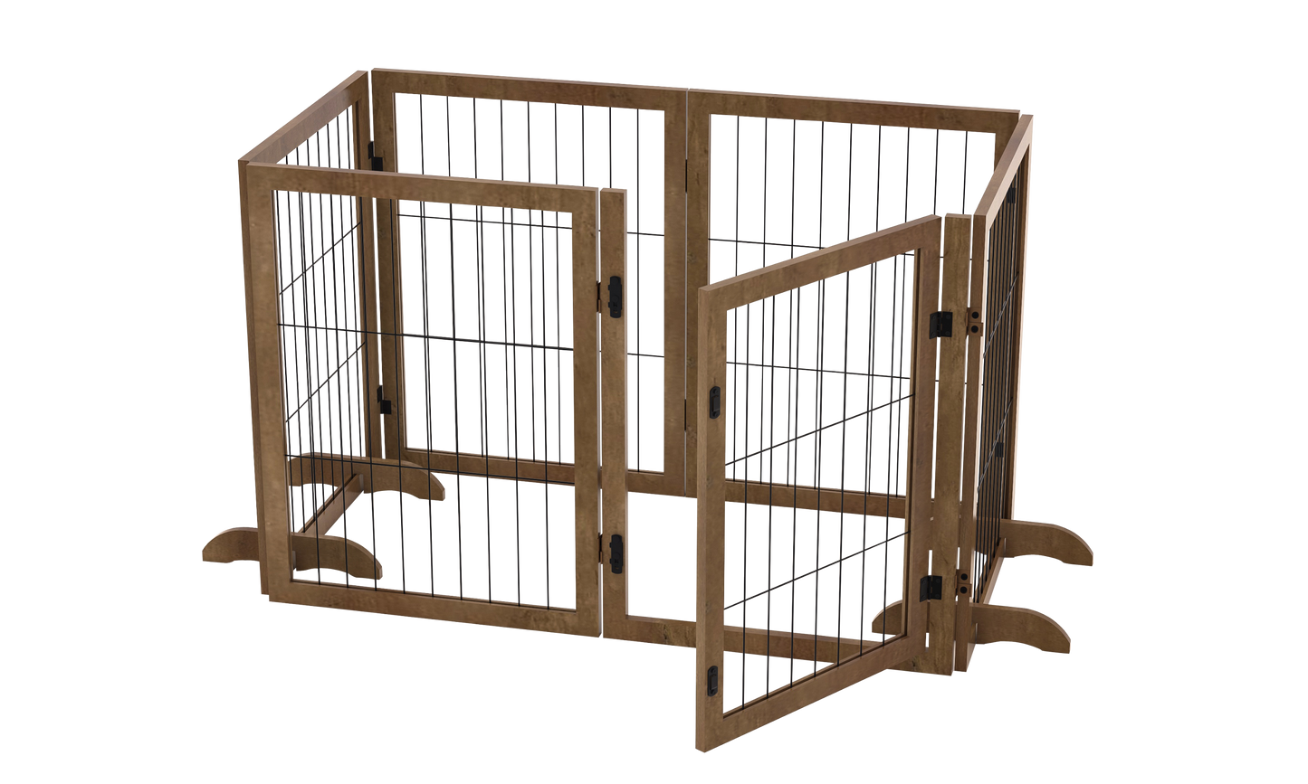 Dog Gate with Door Pet Dog Fence Barrier 6 Panels 144-inch Wide 32-inch Tall Foldable Multiple Shapes Freestanding with Support Feet Indoor Use for House Doorway Stairs Plant Stand