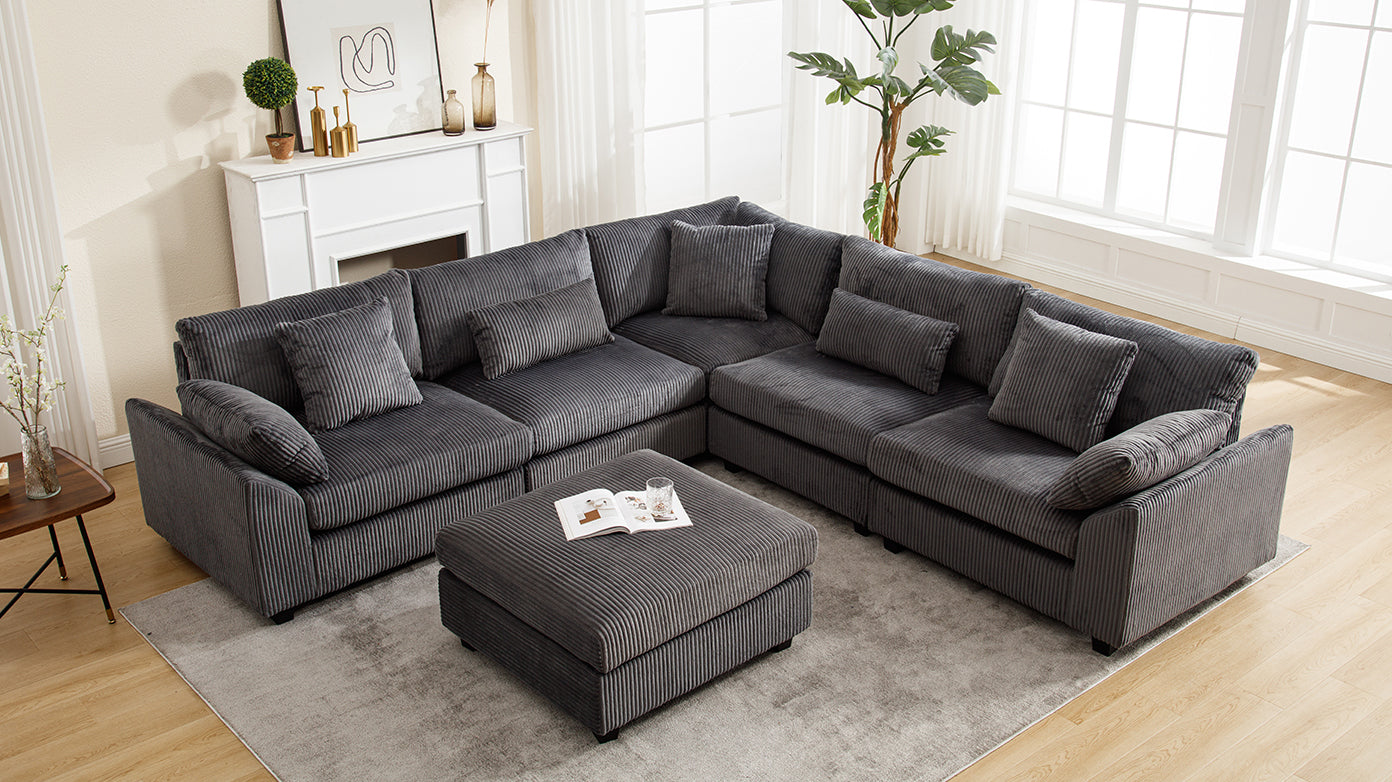 Oversized Modular Sectional Sofa Couches Set,Corduroy Upholstered Deep Seat Comfy Sofa for Living Room,Dark Gray