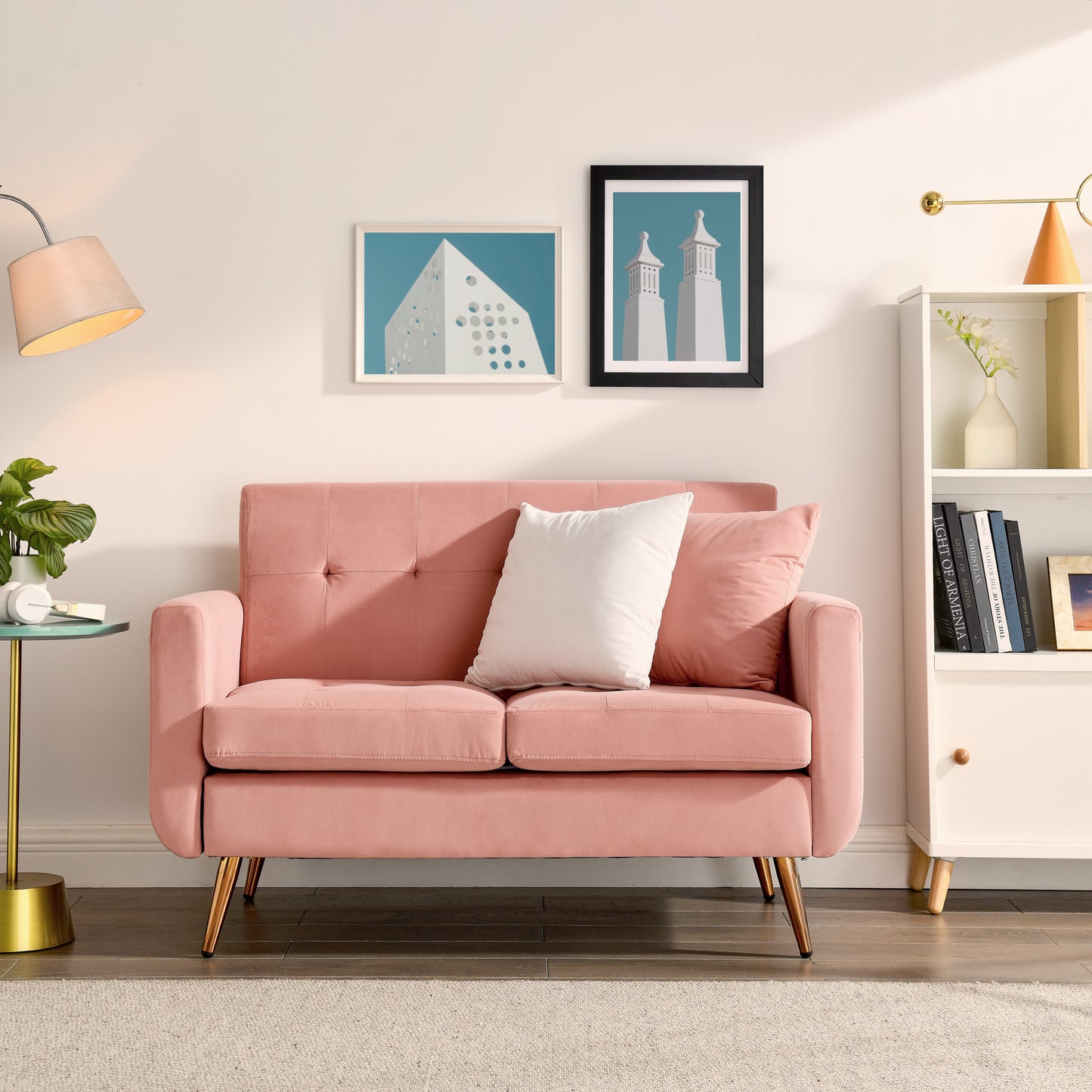 [SantaChoice] Loveseat Sofa, Mid Century Modern Decor Love Seat Couches for Living Room, Button Tufted Upholstered Small Couch for Bedroom, Solid and Easy to Install Love Seats Furniture,Pink