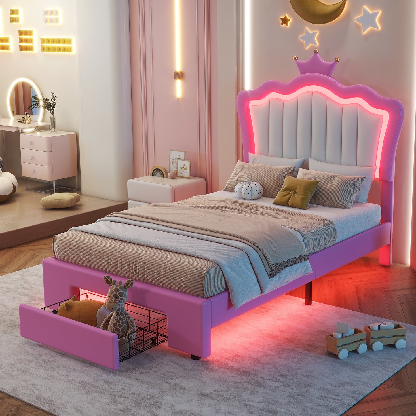 Twin Size Upholstered Bed Frame with LED Lights, Modern Upholstered Princess Bed with Crown Headboard, a Drawer, Pink+White