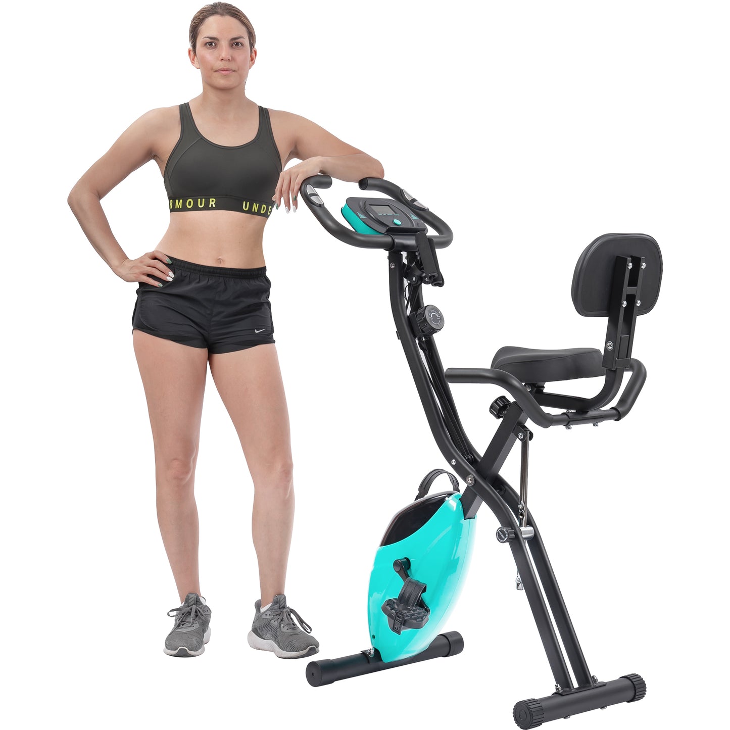 Folding Exercise Bike, Fitness Upright and Recumbent X-Bike with 16-Level Adjustable Resistance, Arm Bands and Backrest