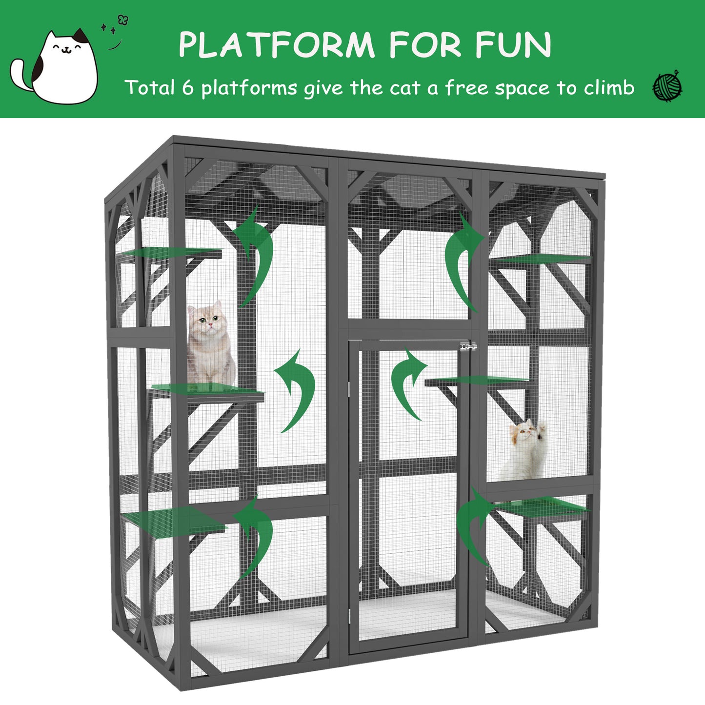 Catio Outdoor Cat Enclosure Cat House Wooden Cat Cage Large Feral Cat Shelter for Mulitiple Cats with Six Platforms, Large Enter Door, Waterproof Roof 60" Grey