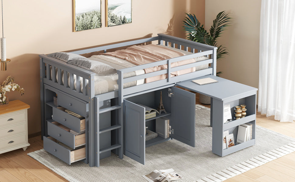 Twin Loft Bed with Storage Cabinet, Drawer and Shelf Cabinet and Pulling-Out Desk, Rubber Wood Loft Bed with Safety Guardrail, Ladder,Grey