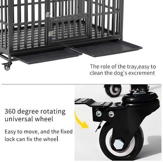 52" Heavy Duty Dog Crate Large Dog cage Strong Metal Dog Kennels and Crates for Large Dogs with 4 Lockable Wheels