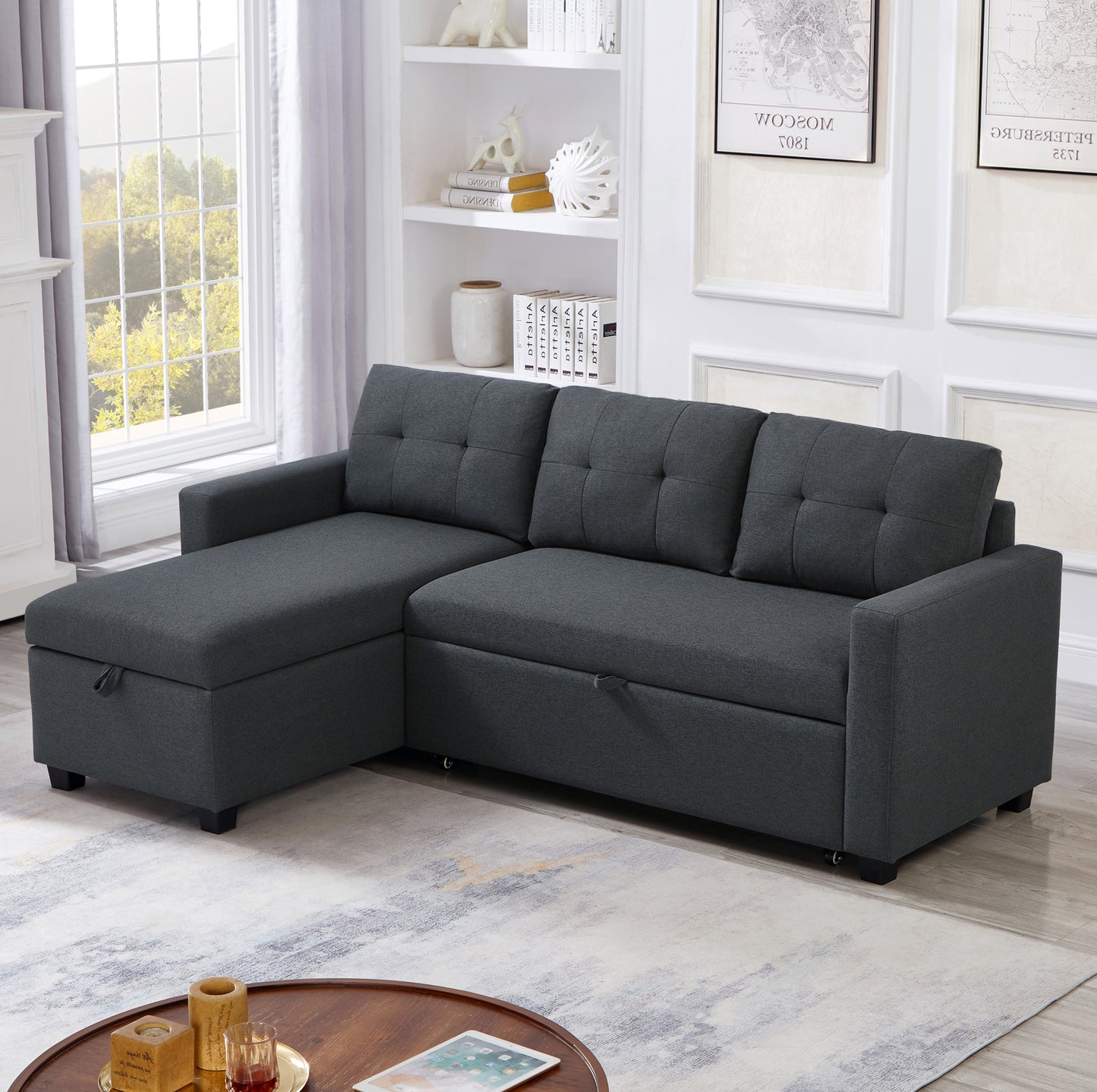 [SantaChoice] Upholstered Pull Out Sectional Sofa with Storage Chaise, Convertible Corner Couch, Dark Grey