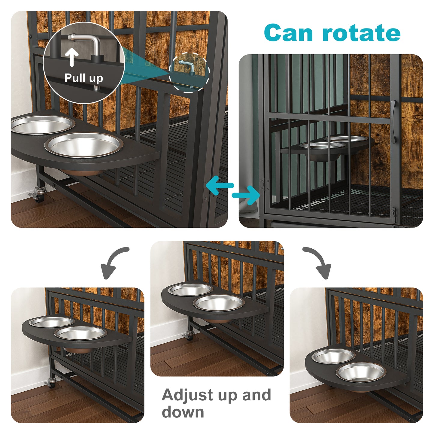 Modern Kennel Dogs room up to 60 LB, Dog crate furniture with Multi-Purpose Rremovable Ttray, Double-Door Dog House, lift Panel, 360 Degree Rotation -3 Height Adjustable Feeding Bowls(Brown)