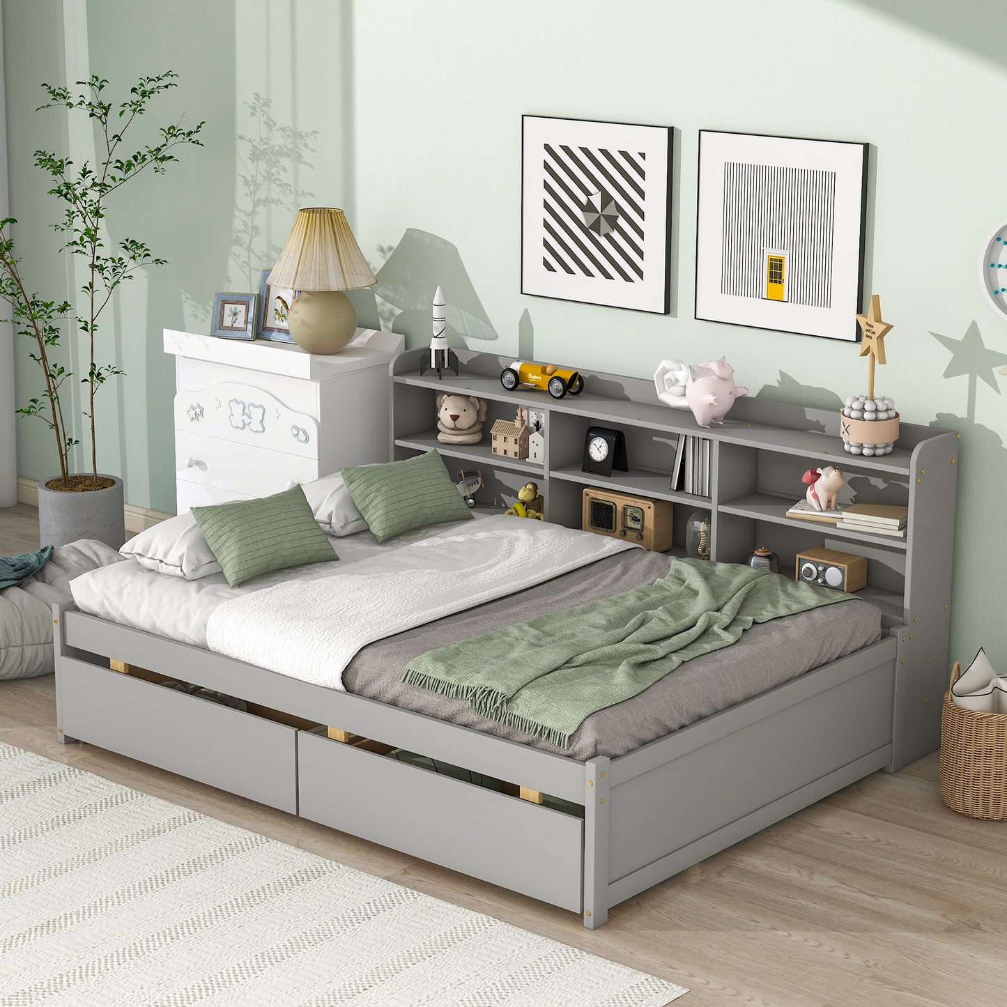 Full Bed with Side Bookcase, Drawers,Grey