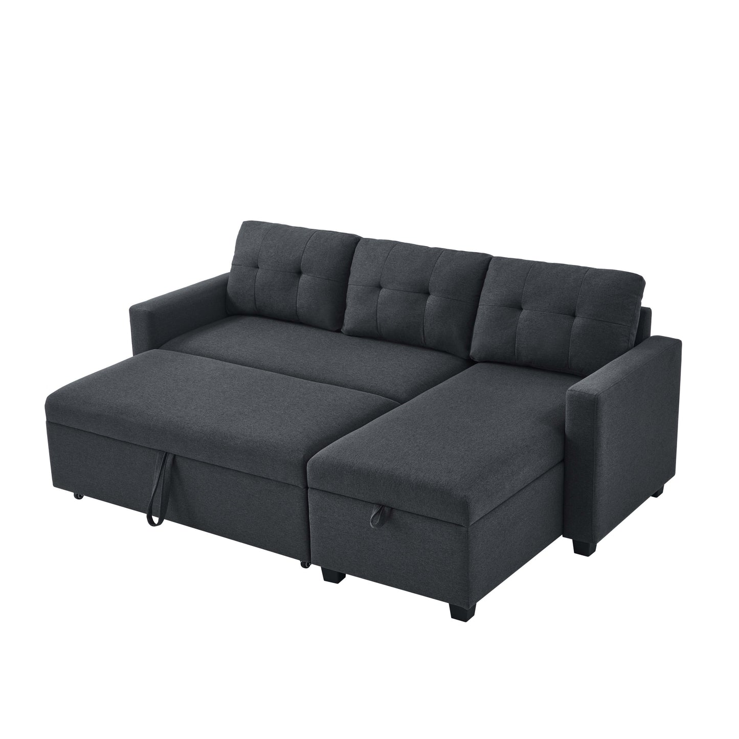 [SantaChoice] Upholstered Pull Out Sectional Sofa with Storage Chaise, Convertible Corner Couch, Dark Grey