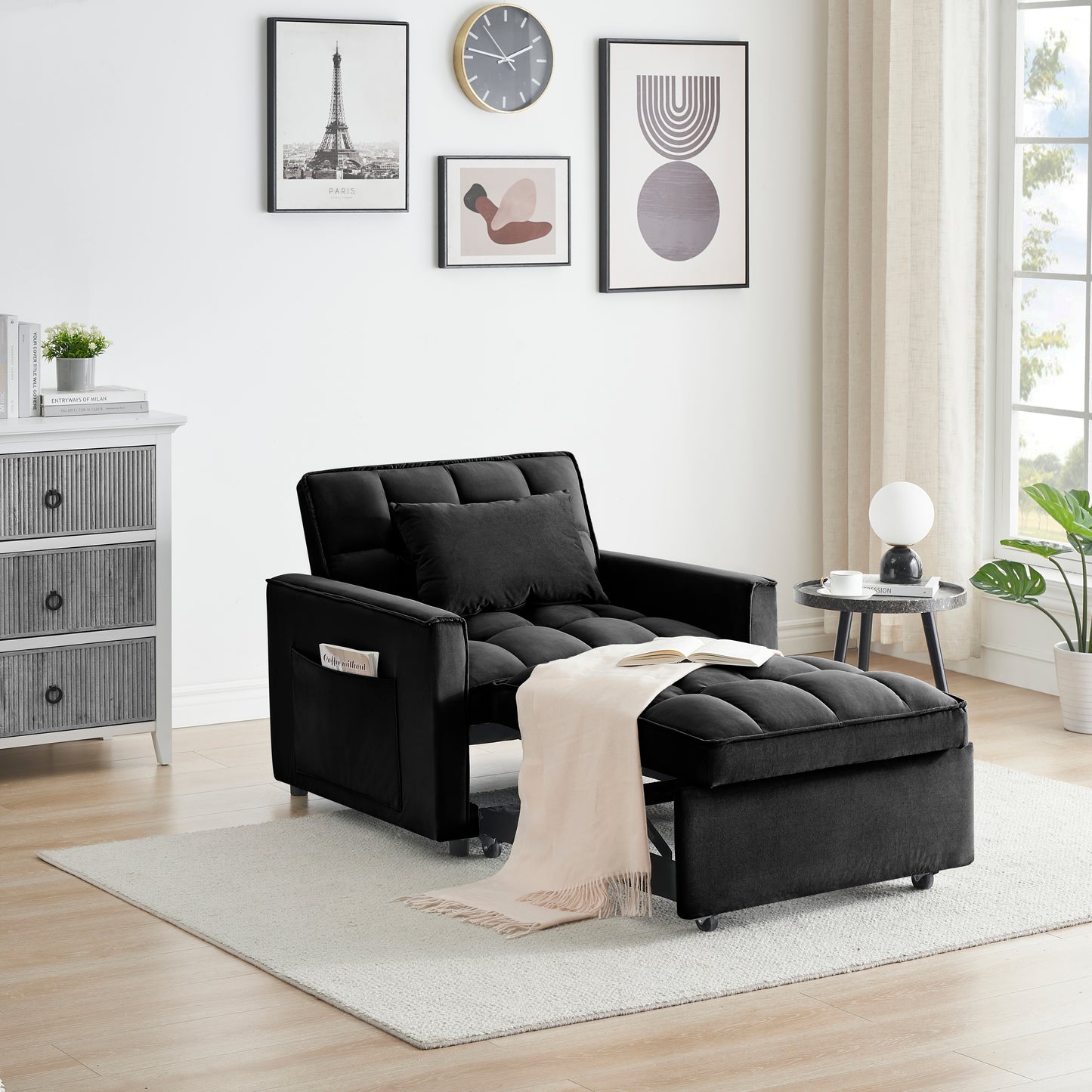 [SantaChoice] Sofa bed chair 3 in 1 convertible, recliner, single recliner, suitable for small Spaces with adjustable back black