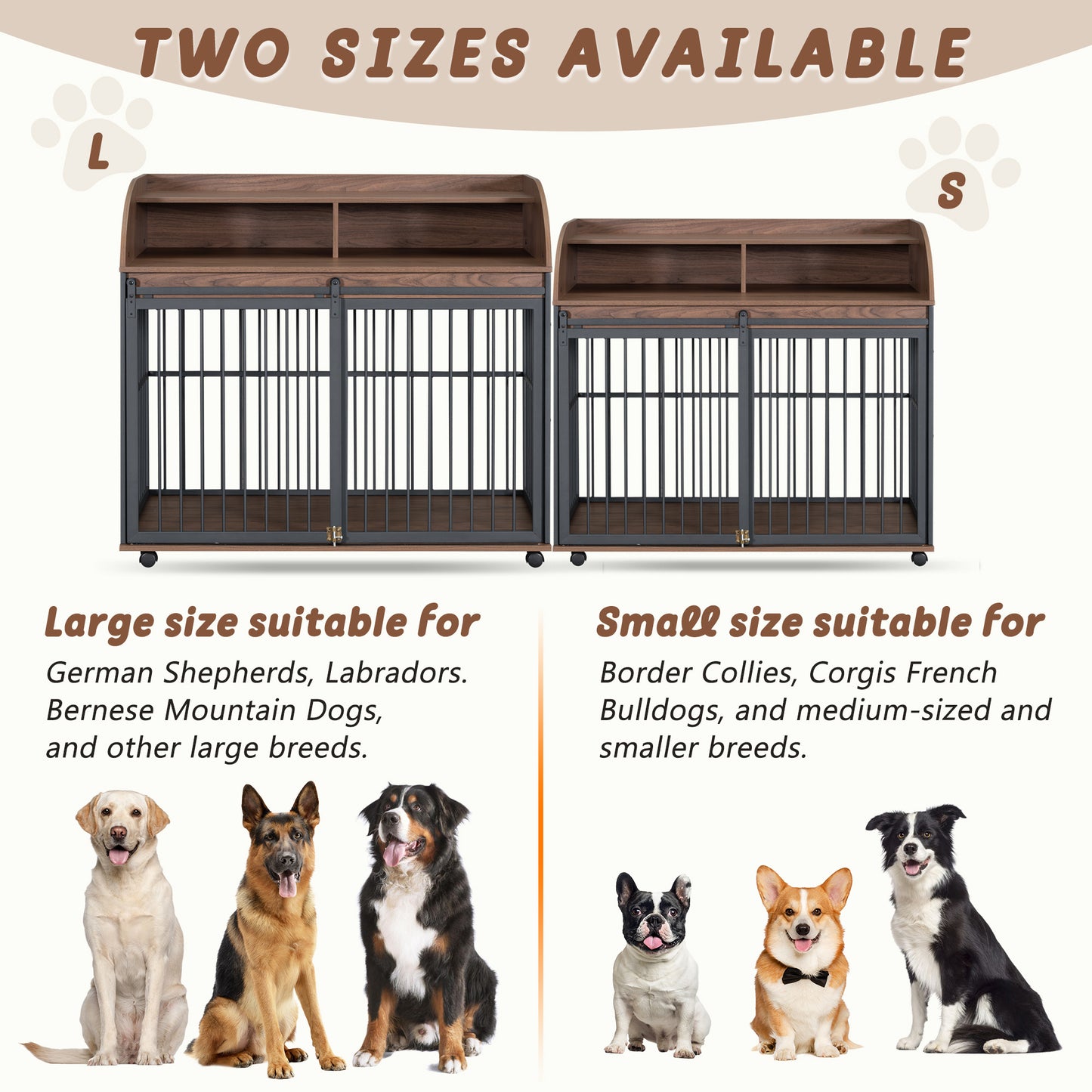 GO 44'' Heavy Duty Large Dog Crate Furniture for Large Medium Dog with Lockable Wheels, Wooden Dog Crate Dog Kennel, End Table Crate with Double layer storage, Brown