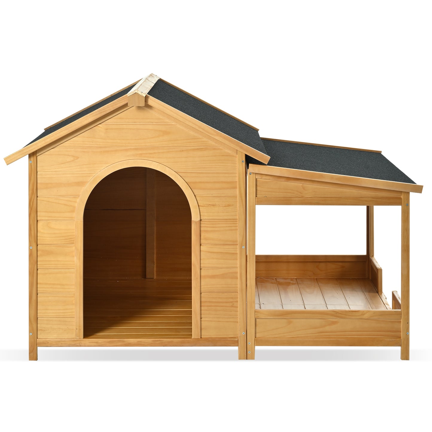 60.2" Large Wooden Dog House with Porch, Cabin Style Dog Crate with Asphalt Roof and Elevated Floor, Dog Kennel with Side Window and Doors, Perfect for Medium & Large Dogs, Nature