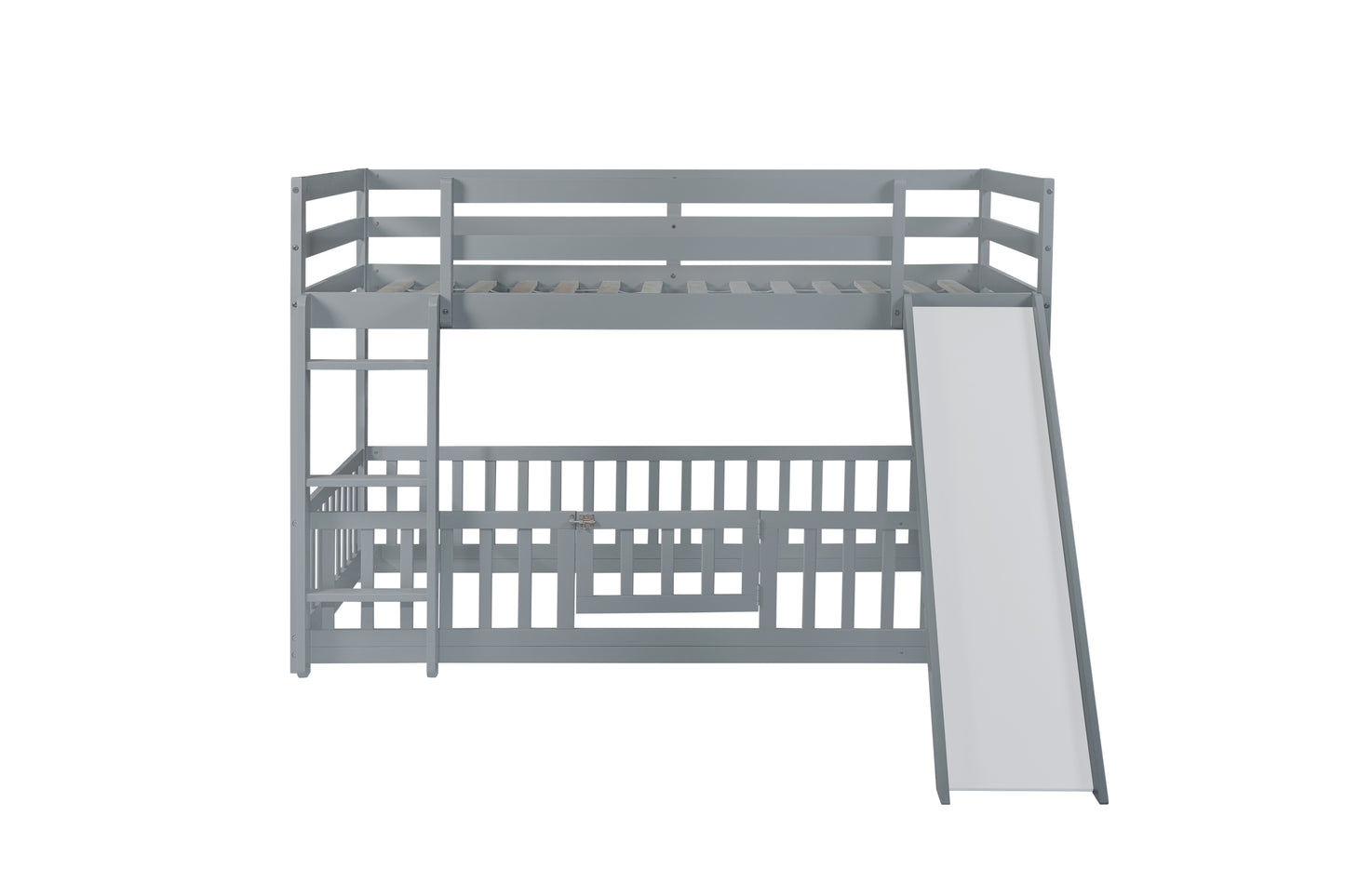 Twin Over Twin Floor Bunk Bed with Slide, Ladder, Door, Safety Guardrails, Solid Pine Wood Bunk Bed ,Grey